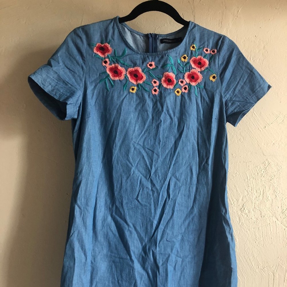 Casual Blue Floral Embroidered Dress